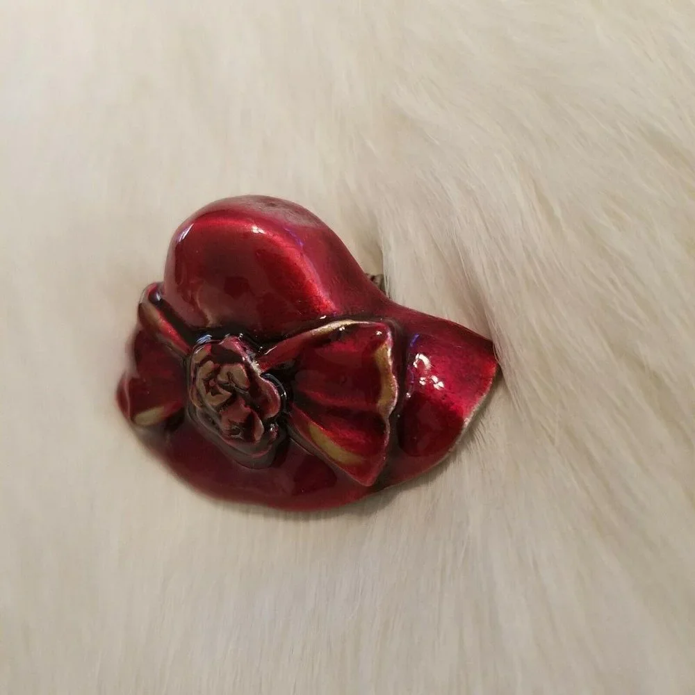 Vintage Camco Red Hat Brooch Pewter Enamel Art Deco Bow‎ Flower Victorian 2196